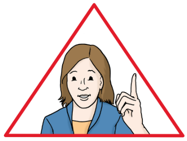 Zeichnung einer Frau, die warnend den Finger hebt und von einem roten Dreieck umrundet ist.und ist 