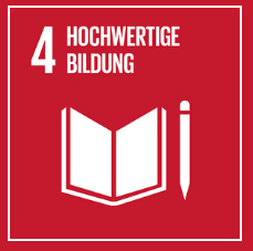 Grafik eines Buchs mit Stift und dem Text "4 „Hochwertige Bildung“