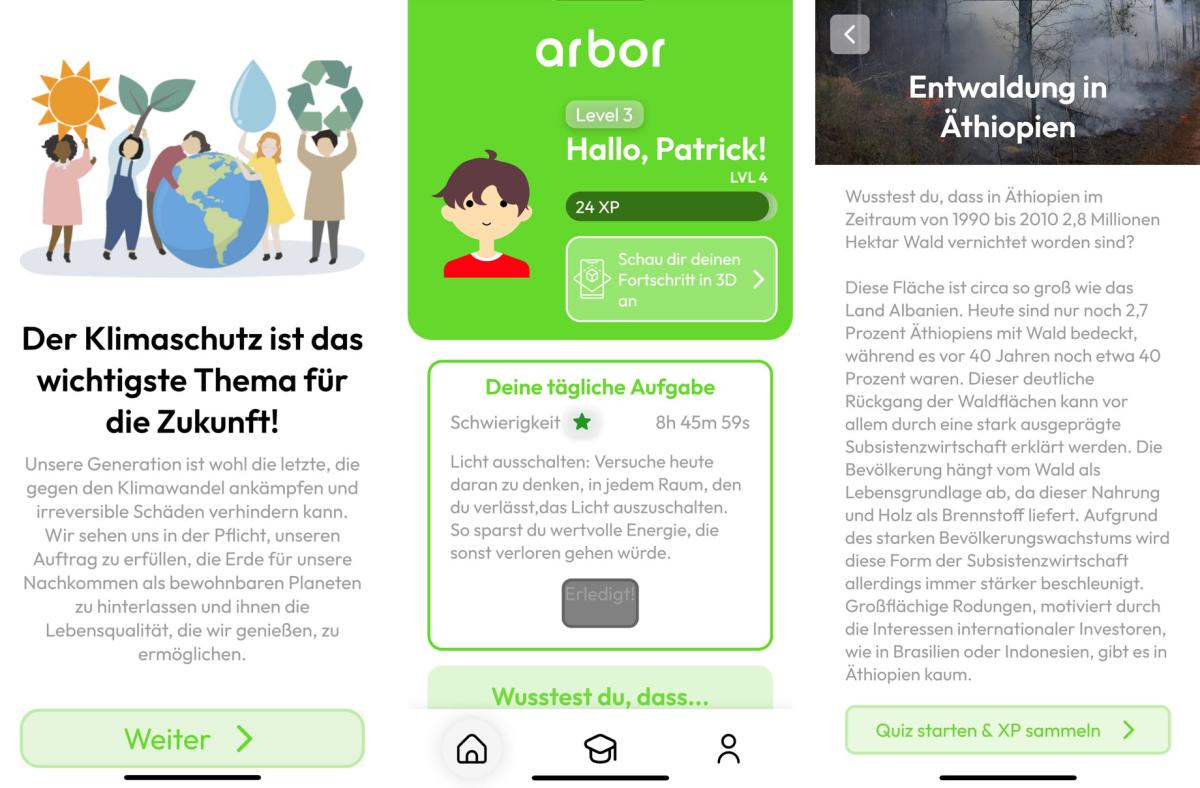 Beispielhafte Screenshots der App ARbor - Gemeinsam fürs Klima!