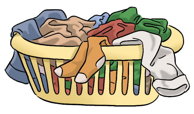 Grafik: Zeichnung eines Wäschekorbs mit dreckiger Wäsche.
