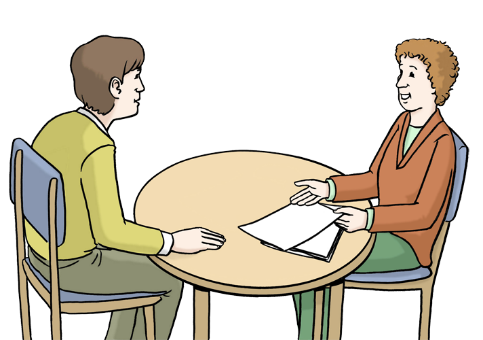 Zeichnung zweier Menschen, die am Tisch sitzen und sich unterhalten.