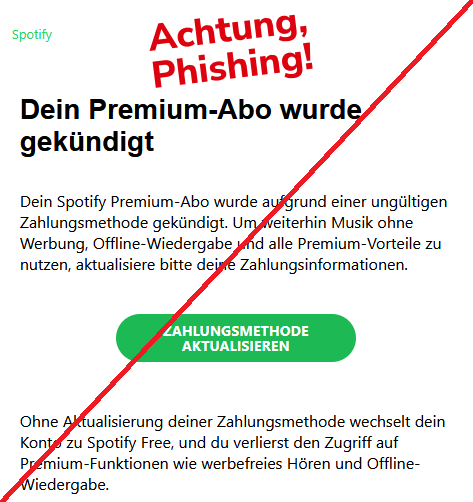 Dein Premium-Abo wurde gekündigt Dein Sроtіfу Premium-Abo wurde aufgrund einer ungültigen Zahlungsmethode gekündigt. Um weiterhin Musik ohne Werbung, Offline-Wiedergabe und alle Premium-Vorteile zu nutzen, aktualisiere bitte deine Zahlungsinformationen. Zahlungsmethode aktualisieren Ohne Aktualisierung deiner Zahlungsmethode wechselt dein Konto zu Sроtіfу Free, und du verlierst den Zugriff auf Premium-Funktionen wie werbefreies Hören und Offline-Wiedergabe.