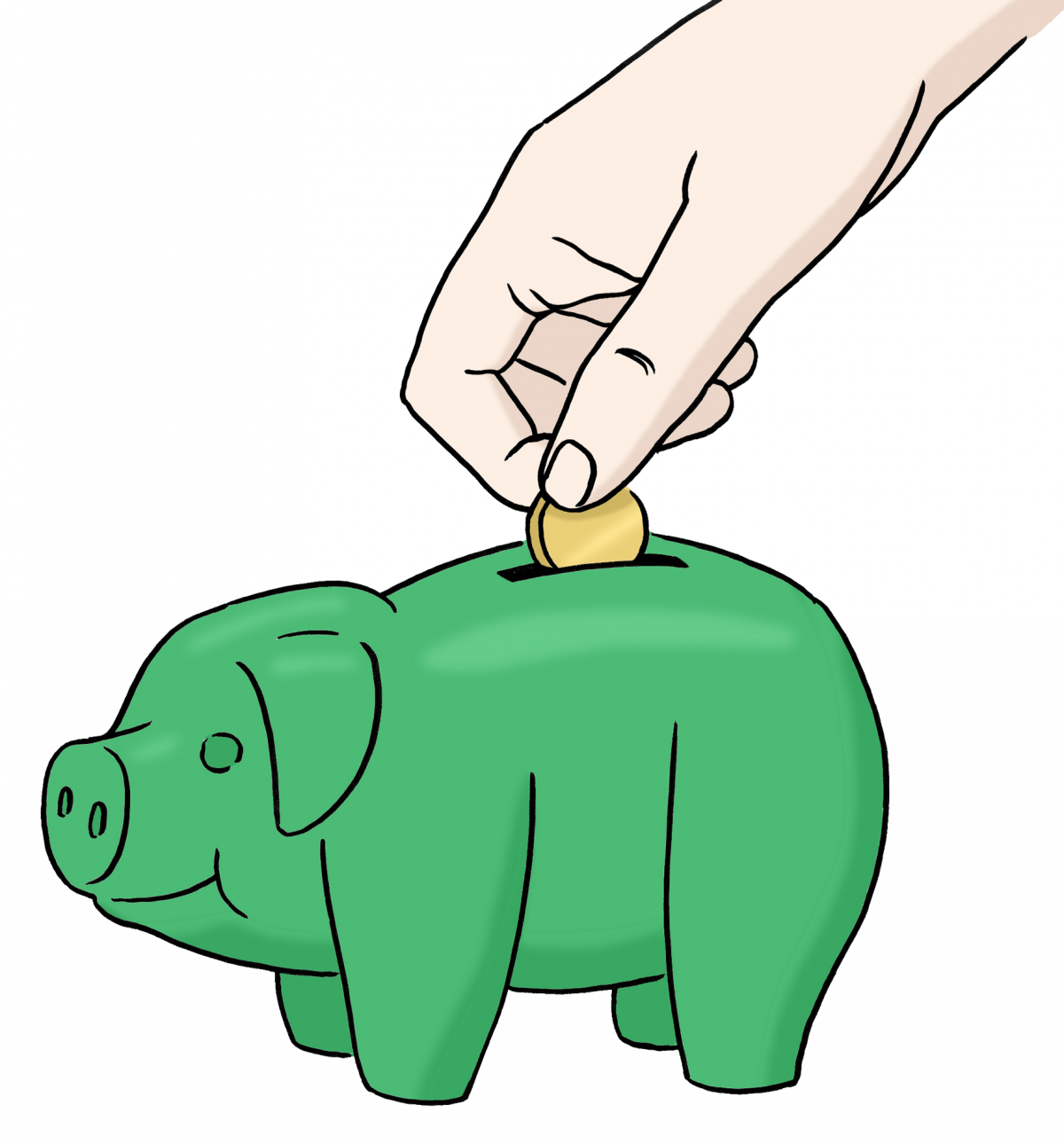 Zeichnung eines grünen Sparschweins, in das gerade eine Münze geworfen wird.
