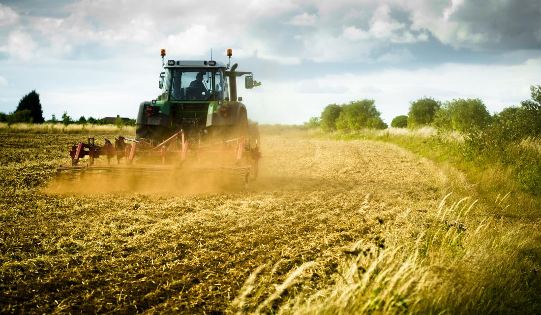 Traktor beim Pflügen eines Feldes