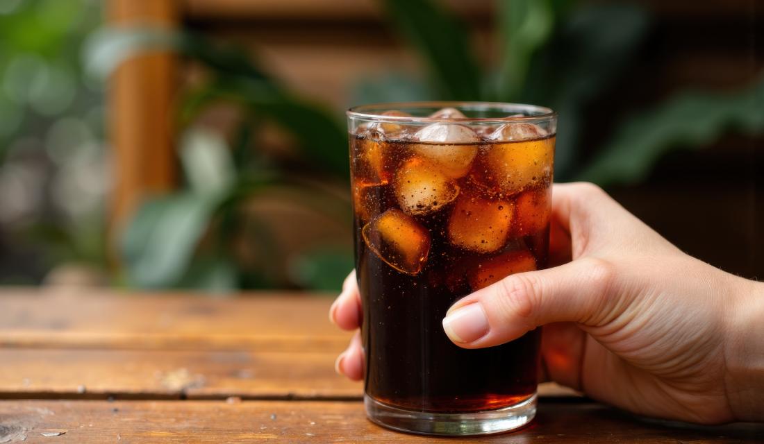 Eine Hand hält ein Glas Cola.