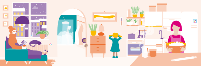 Vektorgrafik mit menschlichen Figuren und zu Hause Energieverbrauch - Familie