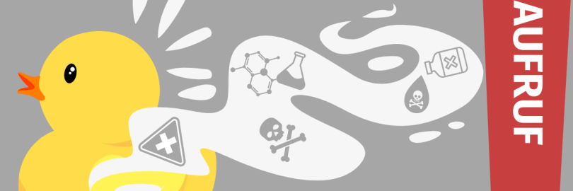 Auf der Grafik ist ein gelbes Quietscheentchen zu sehen, das sich nach links bewegt. Hinter ihm zieht sich eine giftige Schadstoffwolke entlang