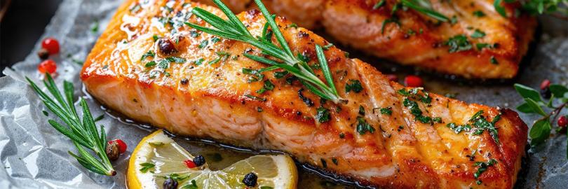 Gegrilltes Seelachsfilet und eine Zitronenscheibe mit KRäutern auf einem Teller angerichtet