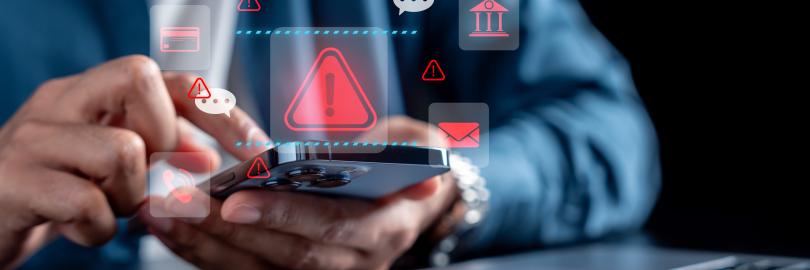 Ein Mann hält ein Smartphone in der Hand, darüber alle möglichen Icons wie Ausrufezeichen, Mailsbox. Thema sind Datenlecks