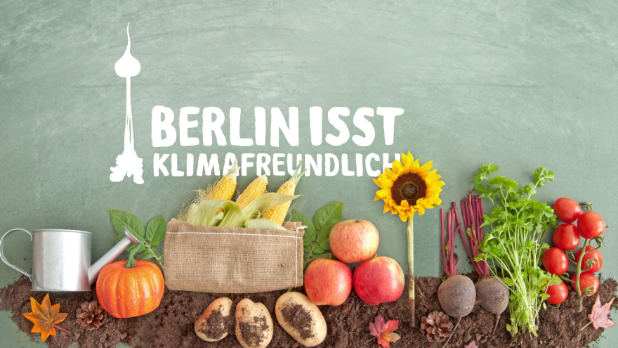 Sonneblume, Gemüse und Gießkanne sowie der Schriftzug "Berlin is(s)t klimafreundlich"