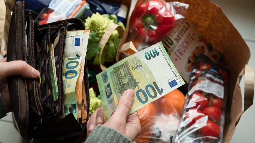 Eine Frau holt Geldscheine aus dem Portemonnaie.