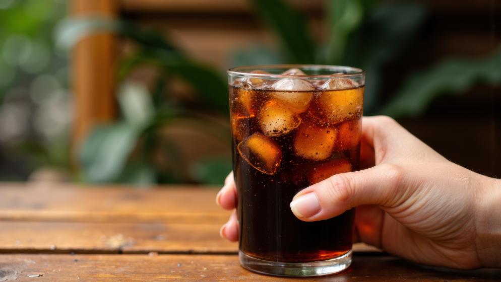 Eine Hand hält ein Glas Cola.