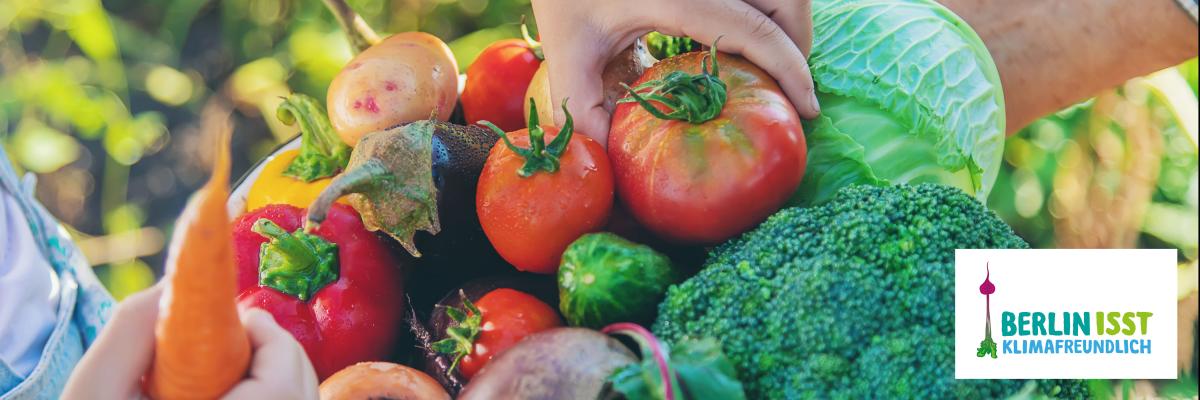 Hand greift Tomate aus einem Korb mit frischem Gemüse