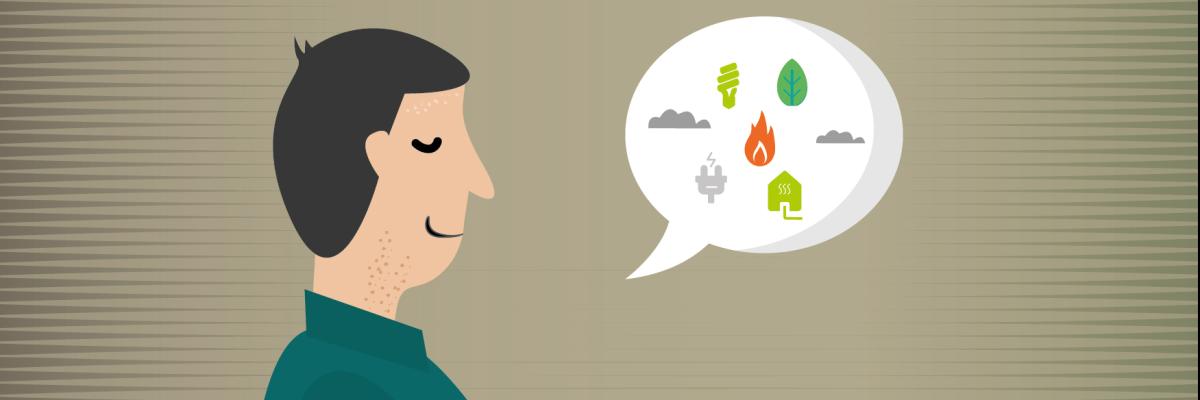 ein Mann mit Sprechblase und Energiesymbolen