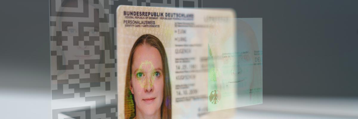 Symbolische Darstellung biometrischer Technologie: Ein digitales Gesichtsscan-Modell in Dreiecks- und Partikeloptik, im Kontext eines modernen deutschen Personalausweises.