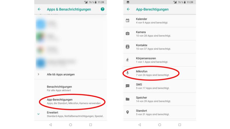 Screenshots von einem Android-Smartphone: App-Berechtigungen nach Themen sortiert