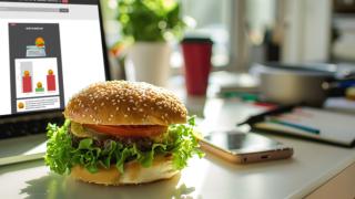 Burger auf Schreibtisch vorm Laptop