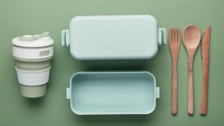 Foto von einem To-Go-Becher, einem Brotdose und Besteck aus Bioplastik und Holz, von oben fotografiert auf grünem Untergrund.