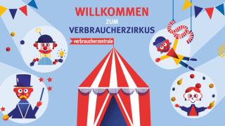 Illustration von Artisten, die um Ein Zirkuszelt aufgestellt sind. In der Mitte steht: Willkommen zum Verbraucherzirkus