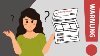 Eine Person hebt die Schultern mit Fragezeichen neben dem Kopf und einer Rechnung in der Hand, auf der "Rechnung CVneed" steht.