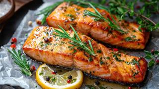 Gegrilltes Seelachsfilet und eine Zitronenscheibe mit KRäutern auf einem Teller angerichtet